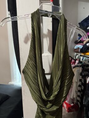 AKIRA Olive Green Plisse Halter Top